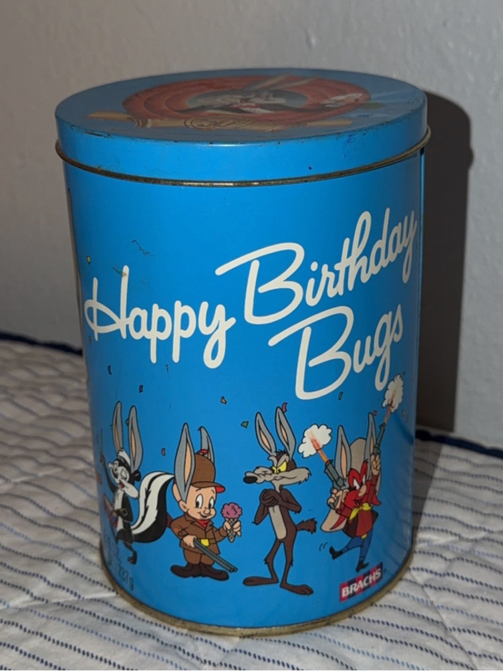 1989 vintage Brachs jelly beans Happy Birthday Bugs Blue Party Candy Tin